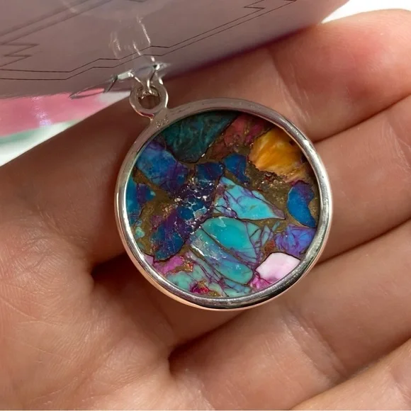 Kingman Pink Dahlia Turquoise Necklace Pendant Solid Sterling Silver 925 Western - Picture 7 of 7